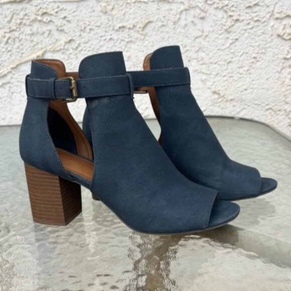 Denver Hayes Denim Blue Peep Toe Block Heel Ankle Booties - Picture 1 of 11